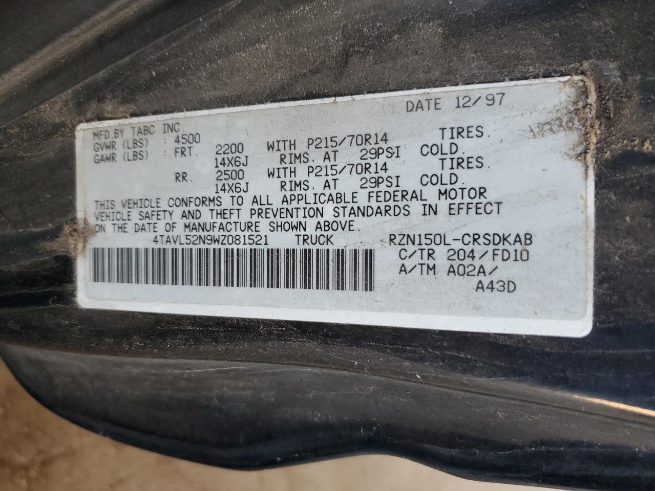 1998 Toyota Tacoma Xtracab VIN: 4TAVL52N9WZ081521 Lot: 91496965