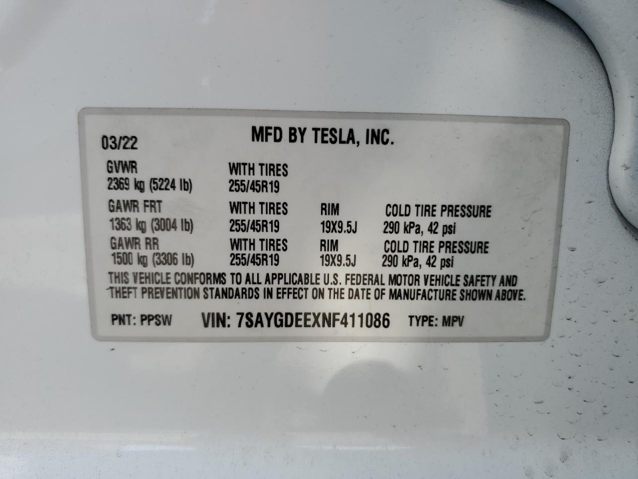 2022 Tesla Model Y VIN: 7SAYGDEEXNF411086 Lot: 91386085