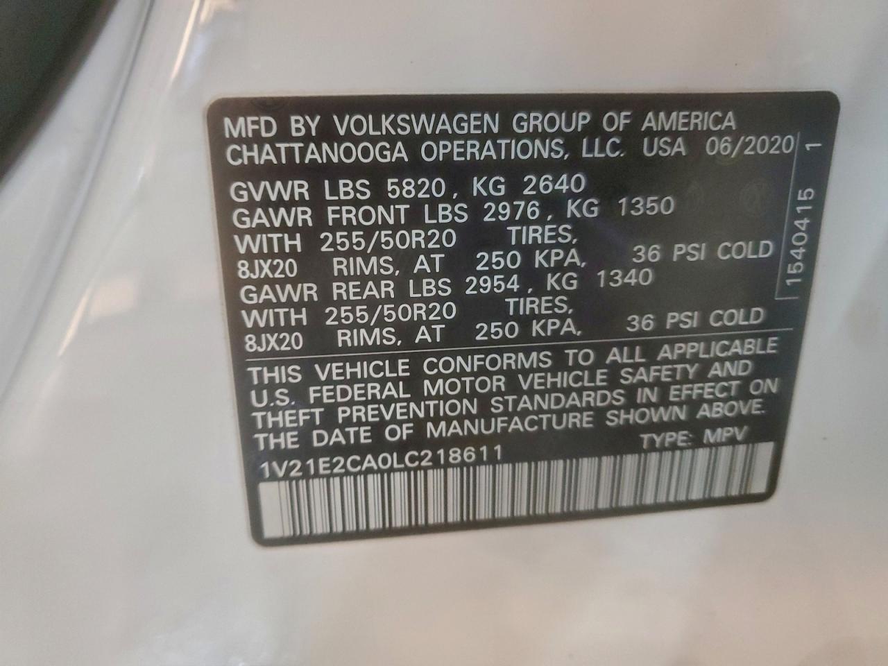 2020 Volkswagen Atlas Cross Sport Se VIN: 1V21E2CA0LC218611 Lot: 94094085