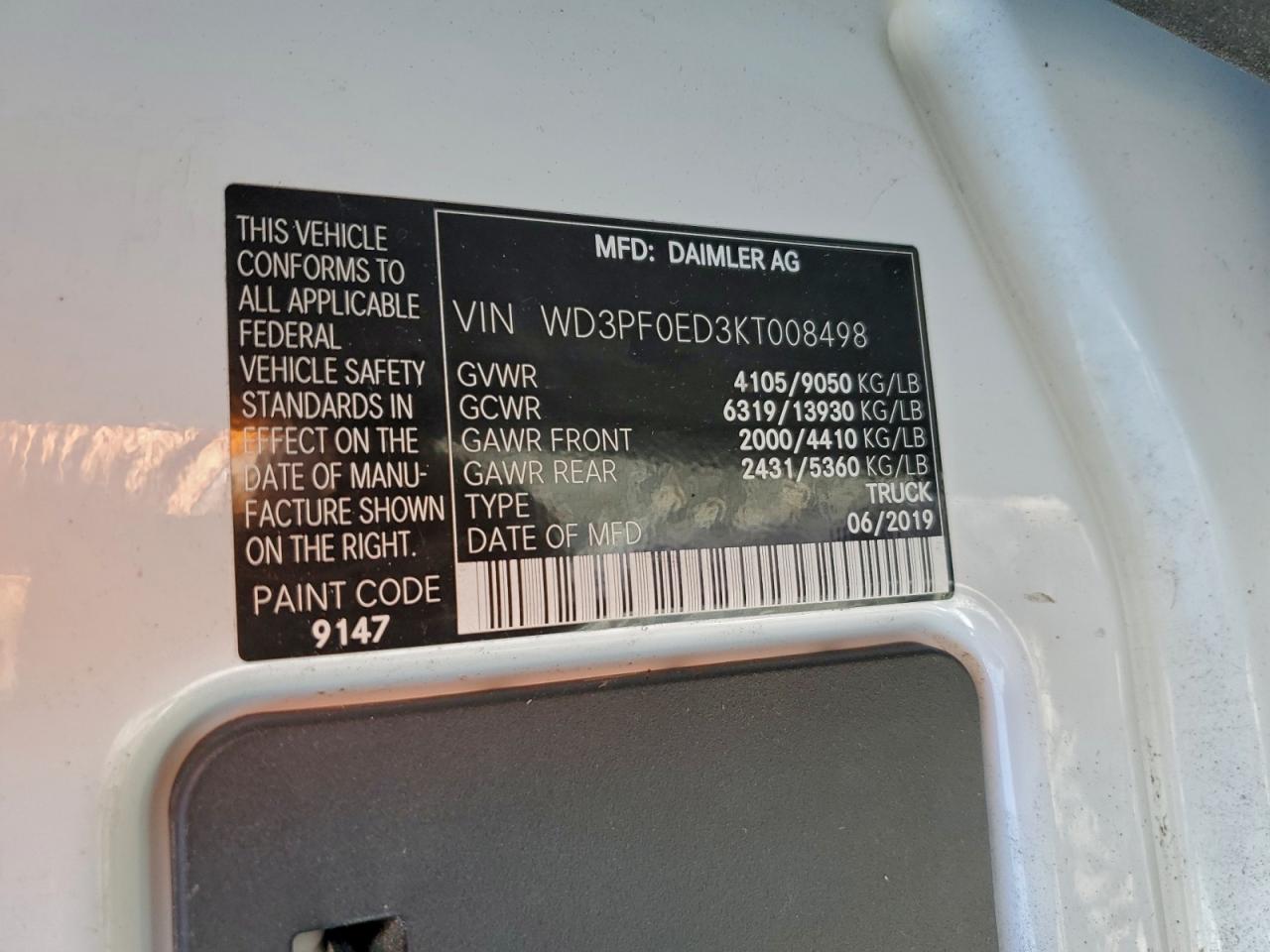 2019 Mercedes-Benz Sprinter 2500/3500 VIN: WD3PF0ED3KT008498 Lot: 93393445