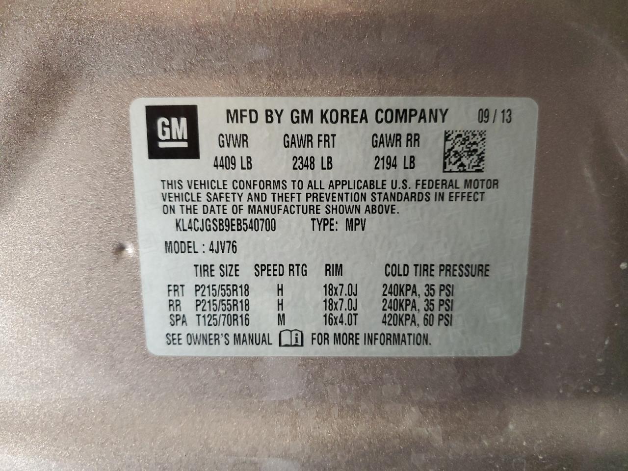 2014 Buick Encore VIN: KL4CJGSB9EB540700 Lot: 91796565