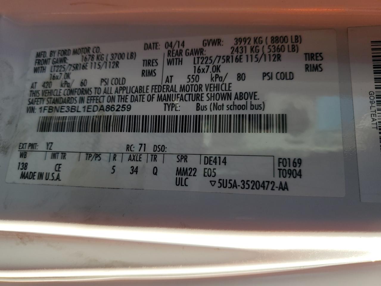 2014 Ford Econoline E350 Super Duty Wagon VIN: 1FBNE3BL1EDA86259 Lot: 91506685