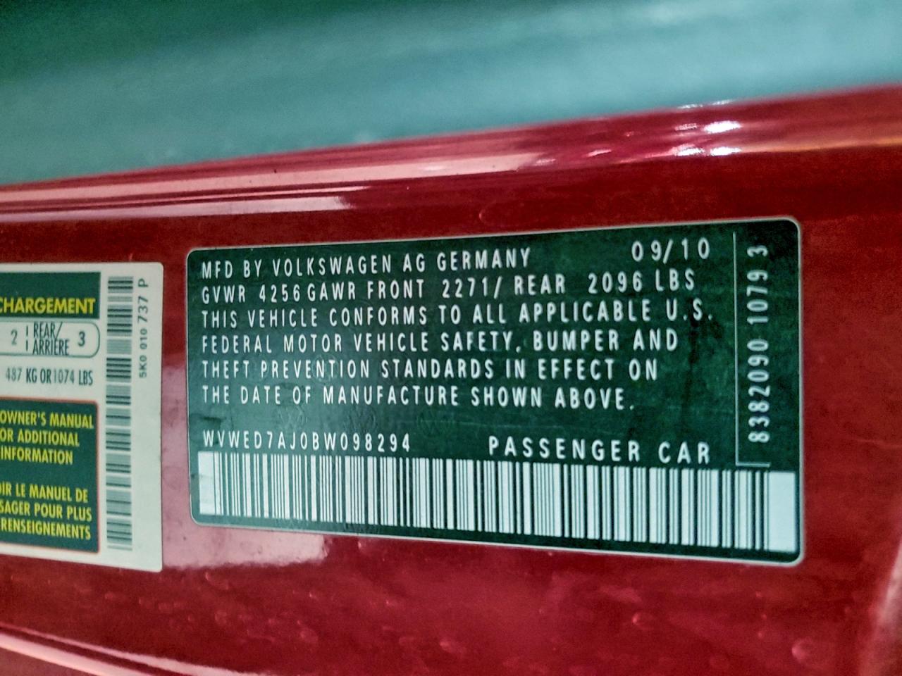 2011 Volkswagen Gti VIN: WVWED7AJ0BW098294 Lot: 94299205