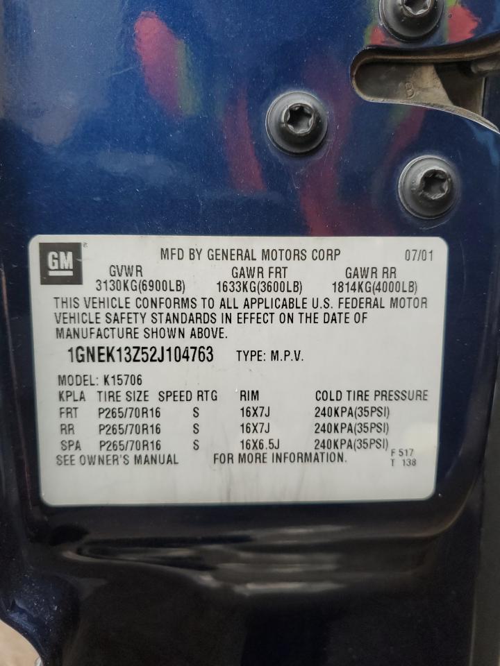 2002 Chevrolet Tahoe K1500 VIN: 1GNEK13Z52J104763 Lot: 93609105