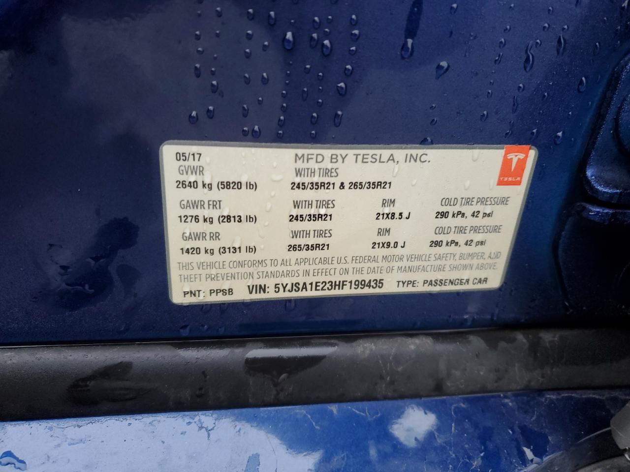 2017 Tesla Model S VIN: 5YJSA1E23HF199435 Lot: 92231555