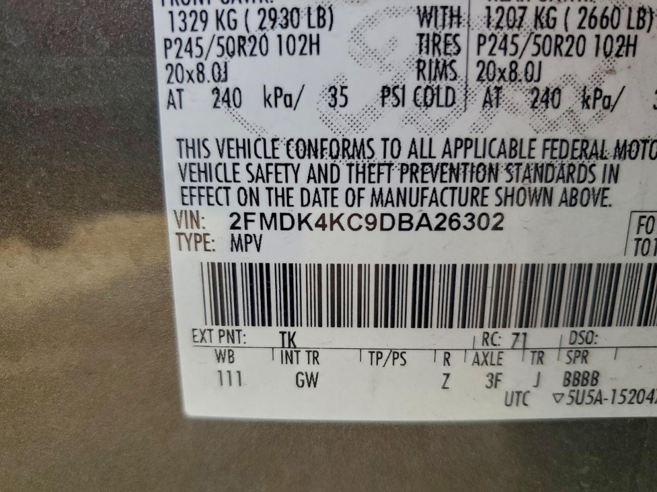 2013 Ford Edge Limit VIN: A26302 Lot: 95314995