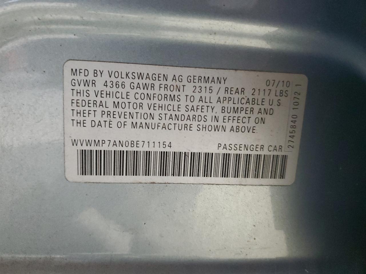 2011 Volkswagen Cc Sport VIN: WVWMP7AN0BE711154 Lot: 92229715