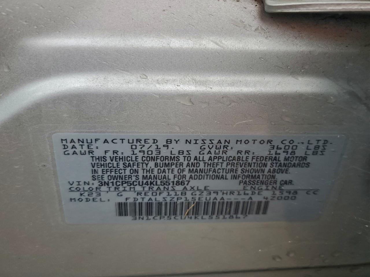 2019 Nissan Kicks S VIN: 3N1CP5CU4KL551867 Lot: 93964315