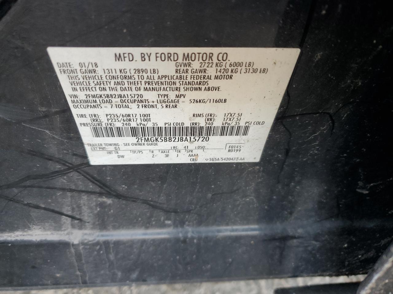 2018 Ford Flex Se VIN: 2FMGK5B82JBA15720 Lot: 91893655