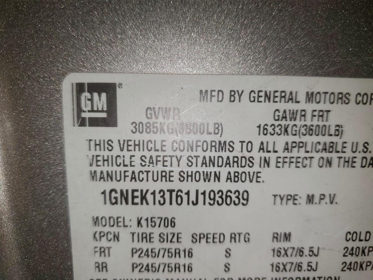 2001 Chevrolet Tahoe K150 VIN: 193639 Lot: 94815045