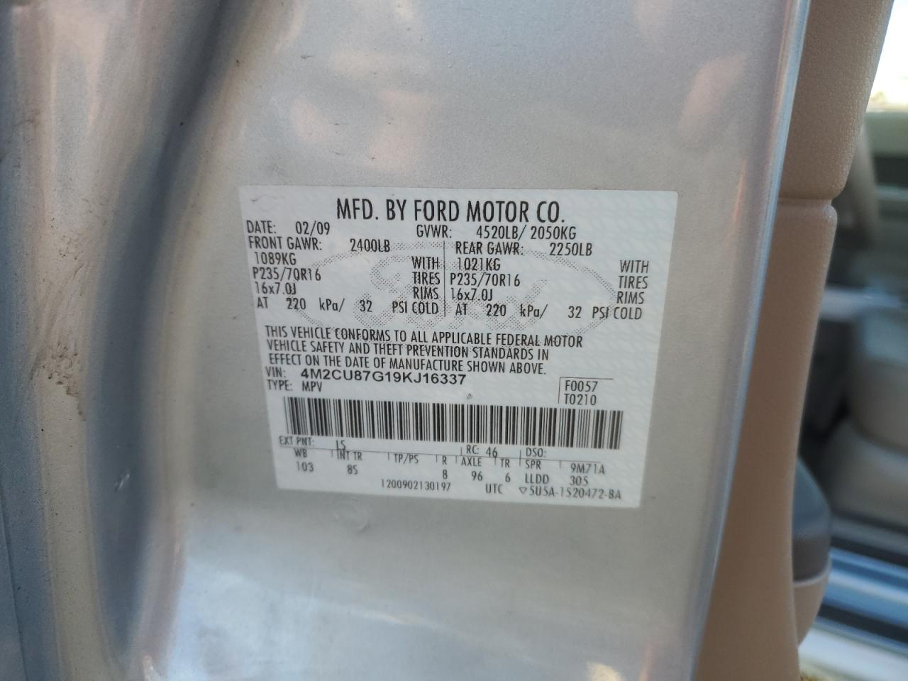 2009 Mercury Mariner Premier VIN: 4M2CU87G19KJ16337 Lot: 91705835