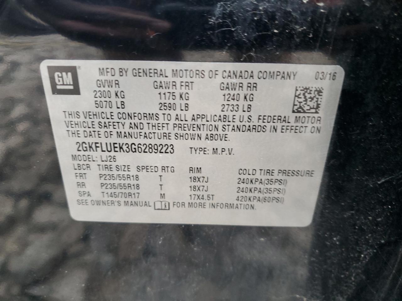 2016 GMC Terrain Slt VIN: 2GKFLUEK3G6289223 Lot: 91120765