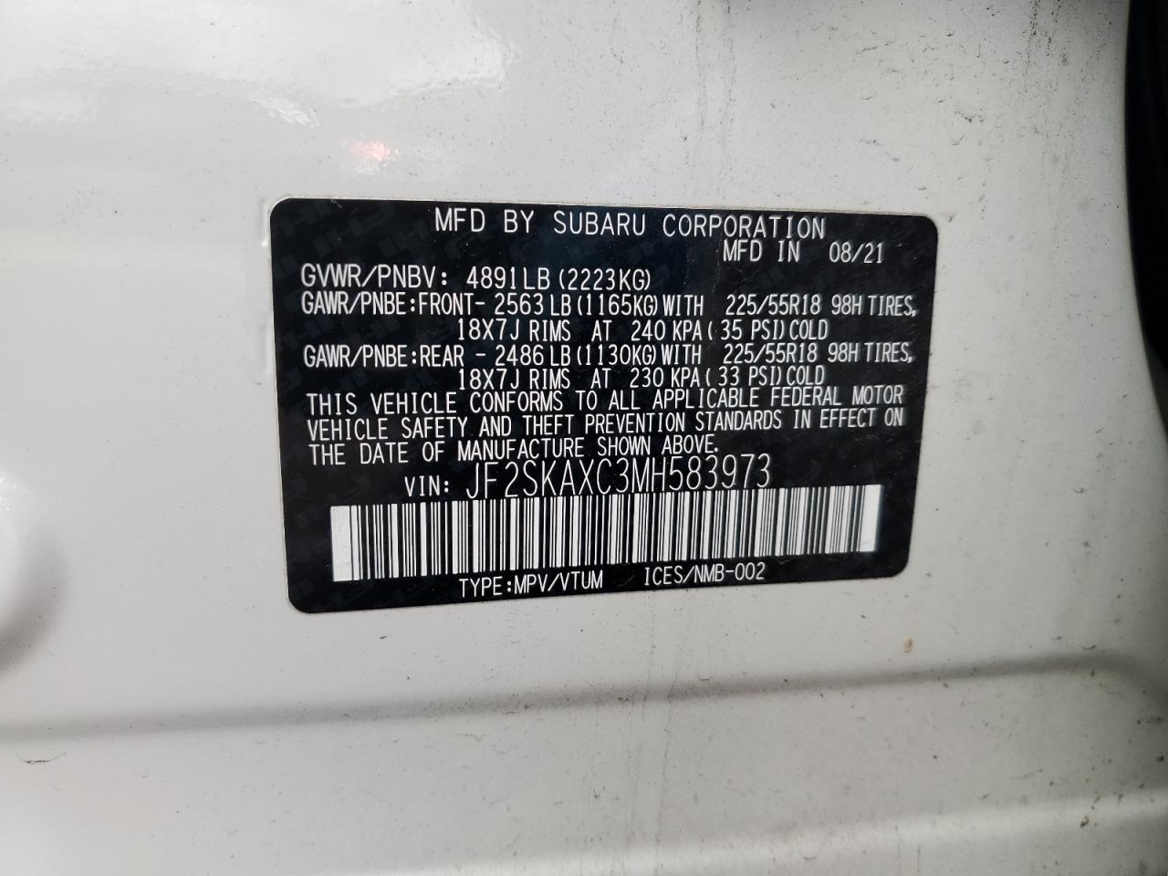 2021 Subaru Forester Touring VIN: JF2SKAXC3MH583973 Lot: 92299885