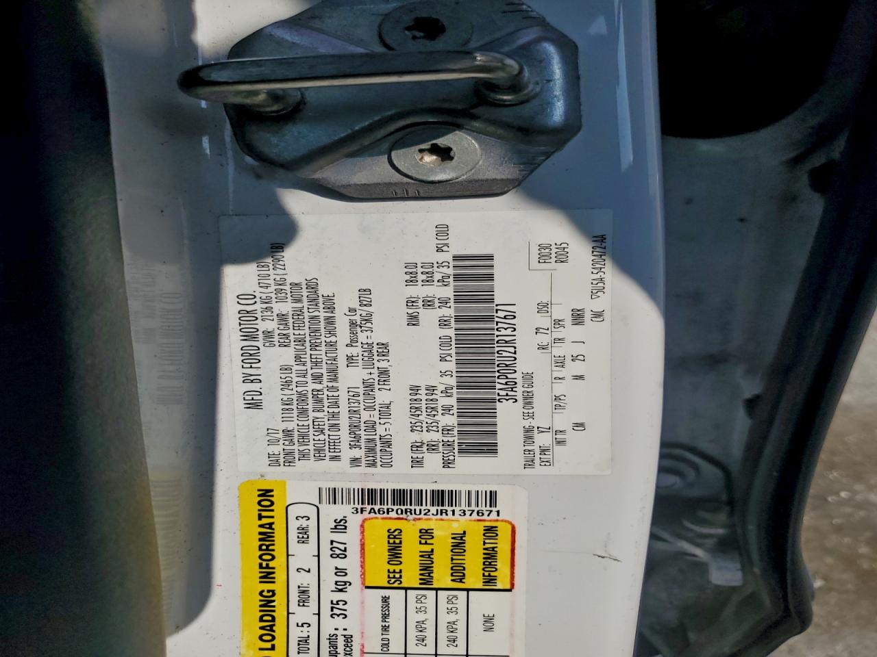 2018 Ford Fusion Titanium/Platinum Hev VIN: 3FA6P0RU2JR137671 Lot: 94173285