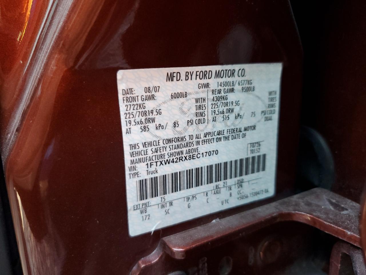 2008 Ford F450 Super Duty VIN: 1FTXW42RX8EC17070 Lot: 92905445