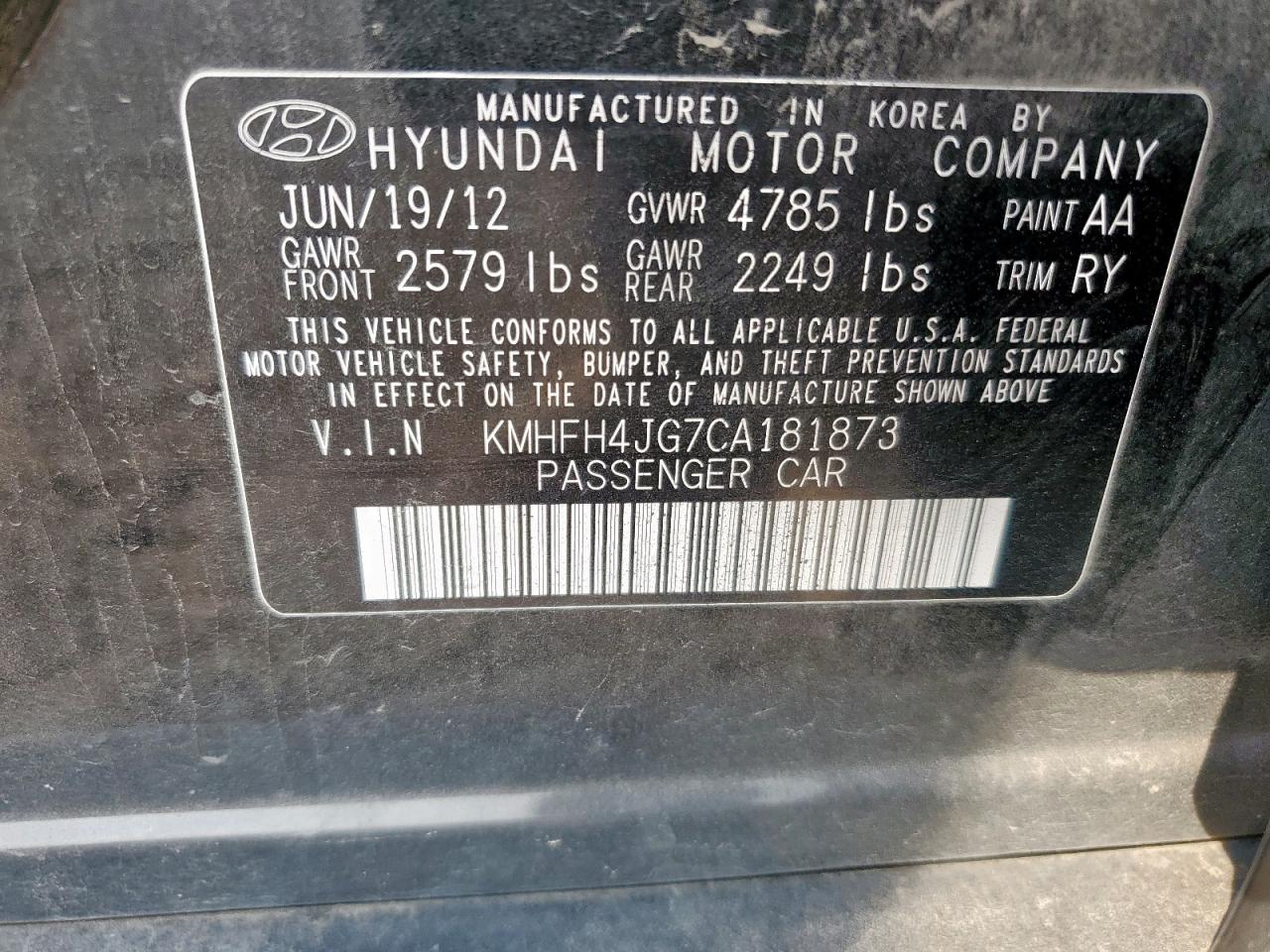 2012 Hyundai Azera Gls VIN: KMHFH4JG7CA181873 Lot: 93268885