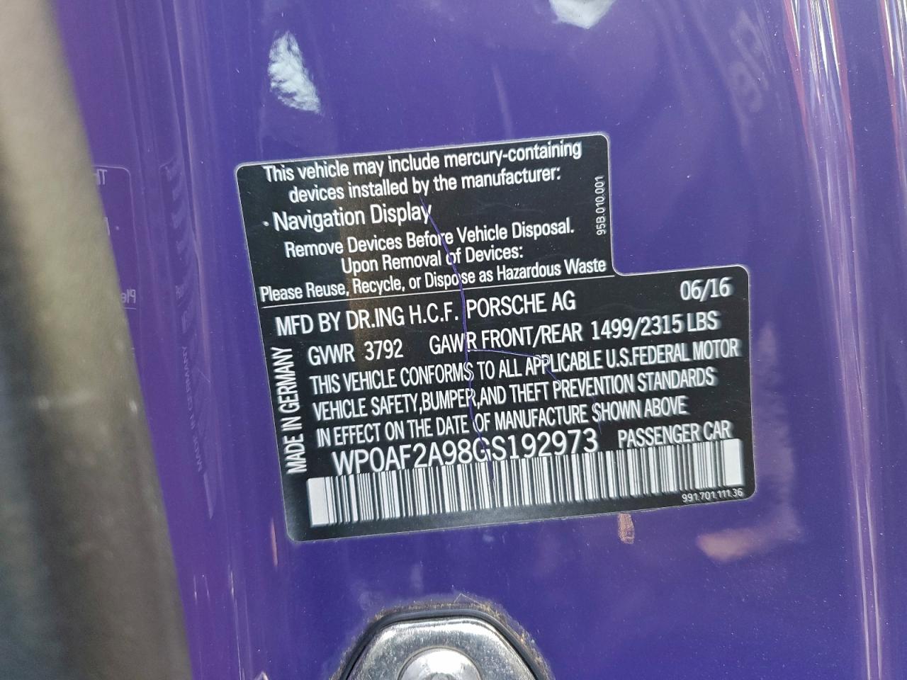 2016 Porsche 911 Gt3 Rs VIN: WP0AF2A98GS192973 Lot: 94347005