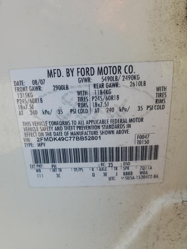 2007 Ford Edge Sel Plus VIN: 2FMDK49C77BB52801 Lot: 92799405