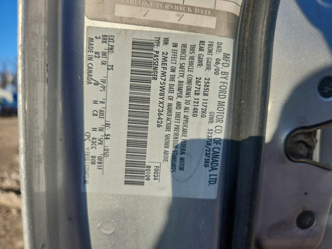 2000 Mercury Grand Marquis Ls VIN: 2MEFM75W8YX736426 Lot: 91242525