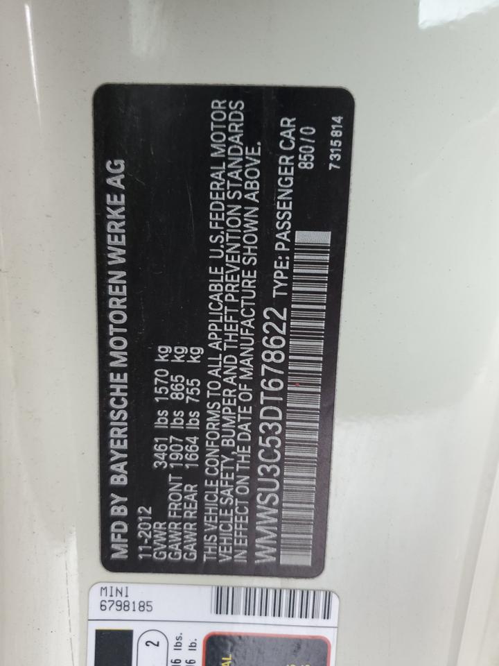 2013 Mini Cooper VIN: WMWSU3C53DT678622 Lot: 93320875