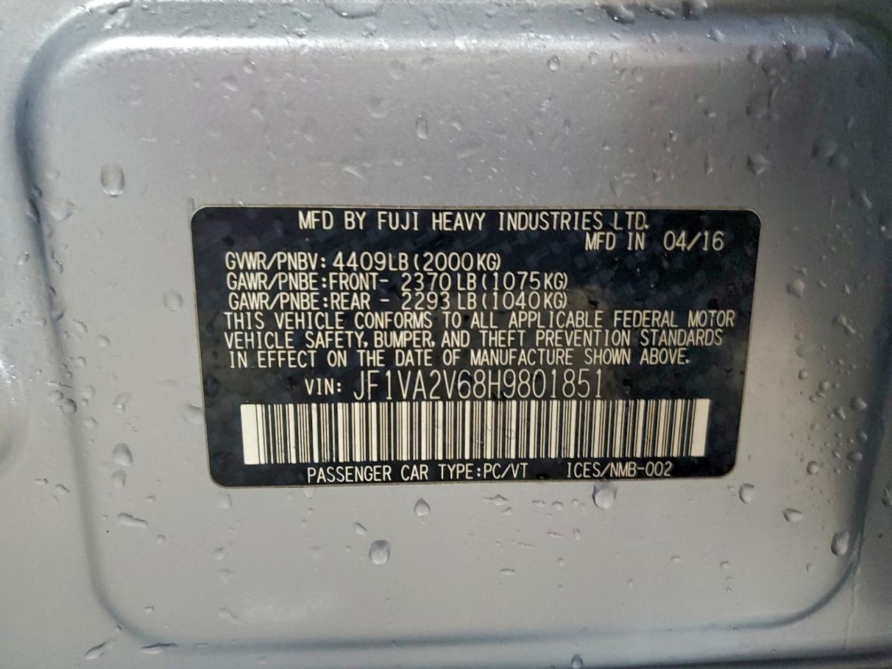 2017 Subaru Wrx Sti VIN: JF1VA2V68H9801851 Lot: 94296995