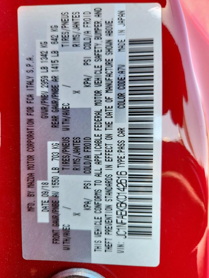 2019 Fiat 124 Spider Classica VIN: JC1NFAEK6K0142616 Lot: 92446585