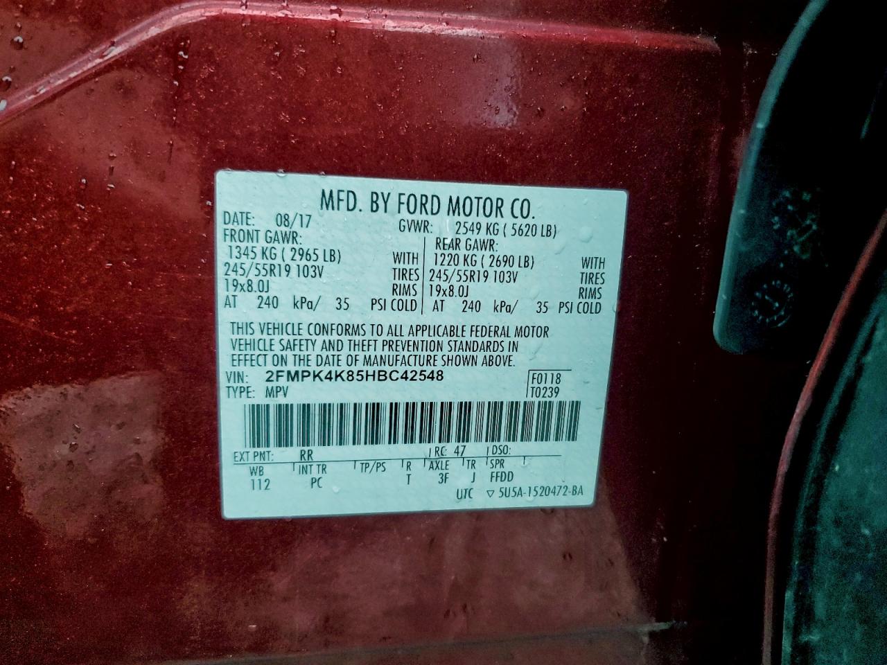 2017 Ford Edge Titanium VIN: 2FMPK4K85HBC42548 Lot: 94255435