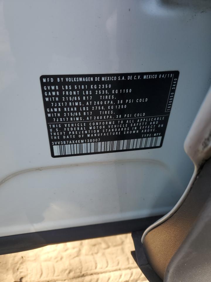 2019 Volkswagen Tiguan Se VIN: 3VV3B7AX4KM138007 Lot: 91008285