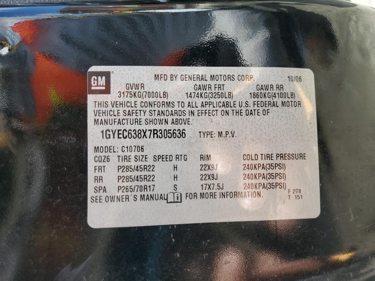 2007 Cadillac Escalade Luxury VIN: 1GYEC638X7R305636 Lot: 93283105