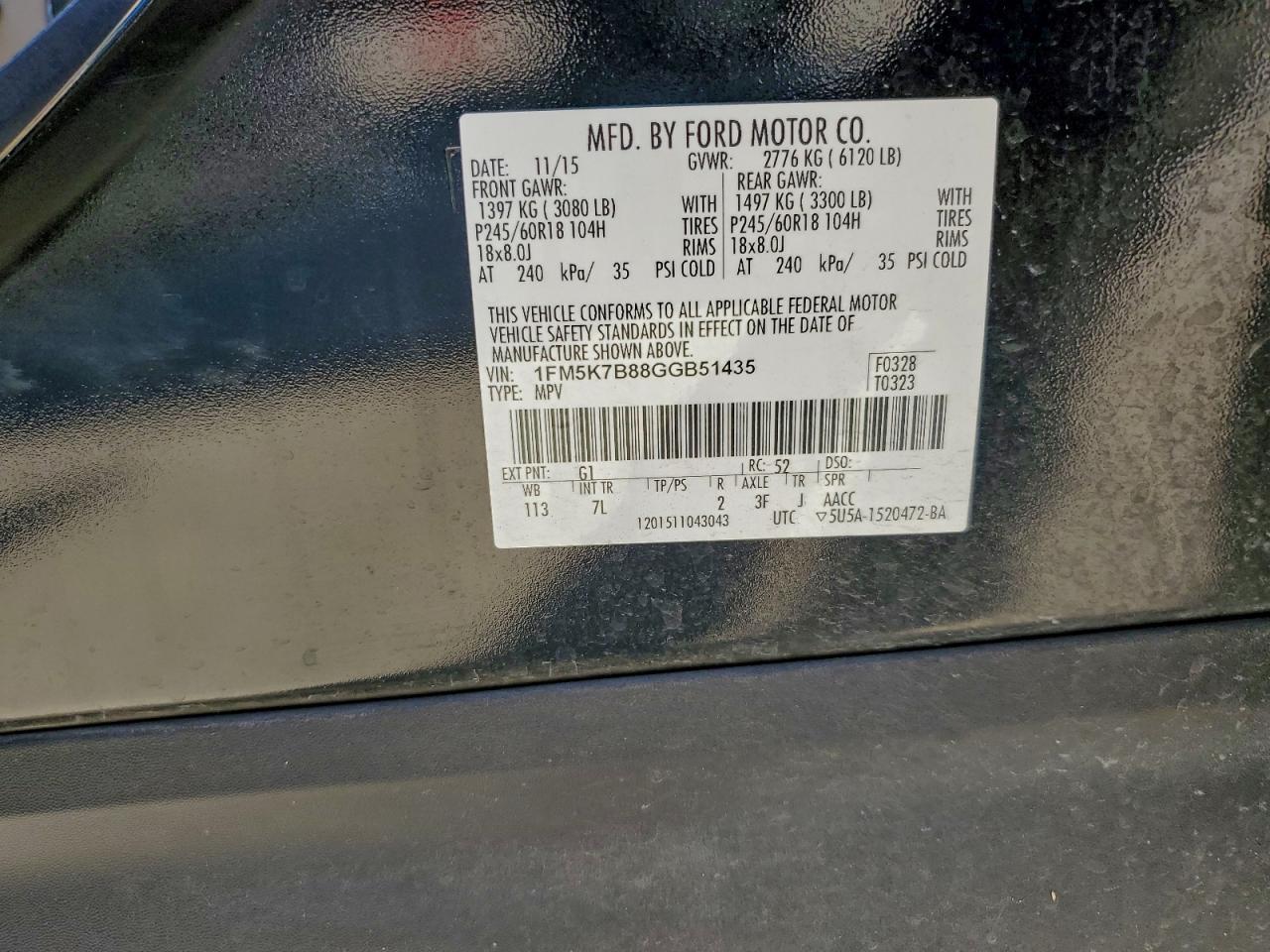 2016 Ford Explorer VIN: 1FM5K7B88GGB51435 Lot: 94505885