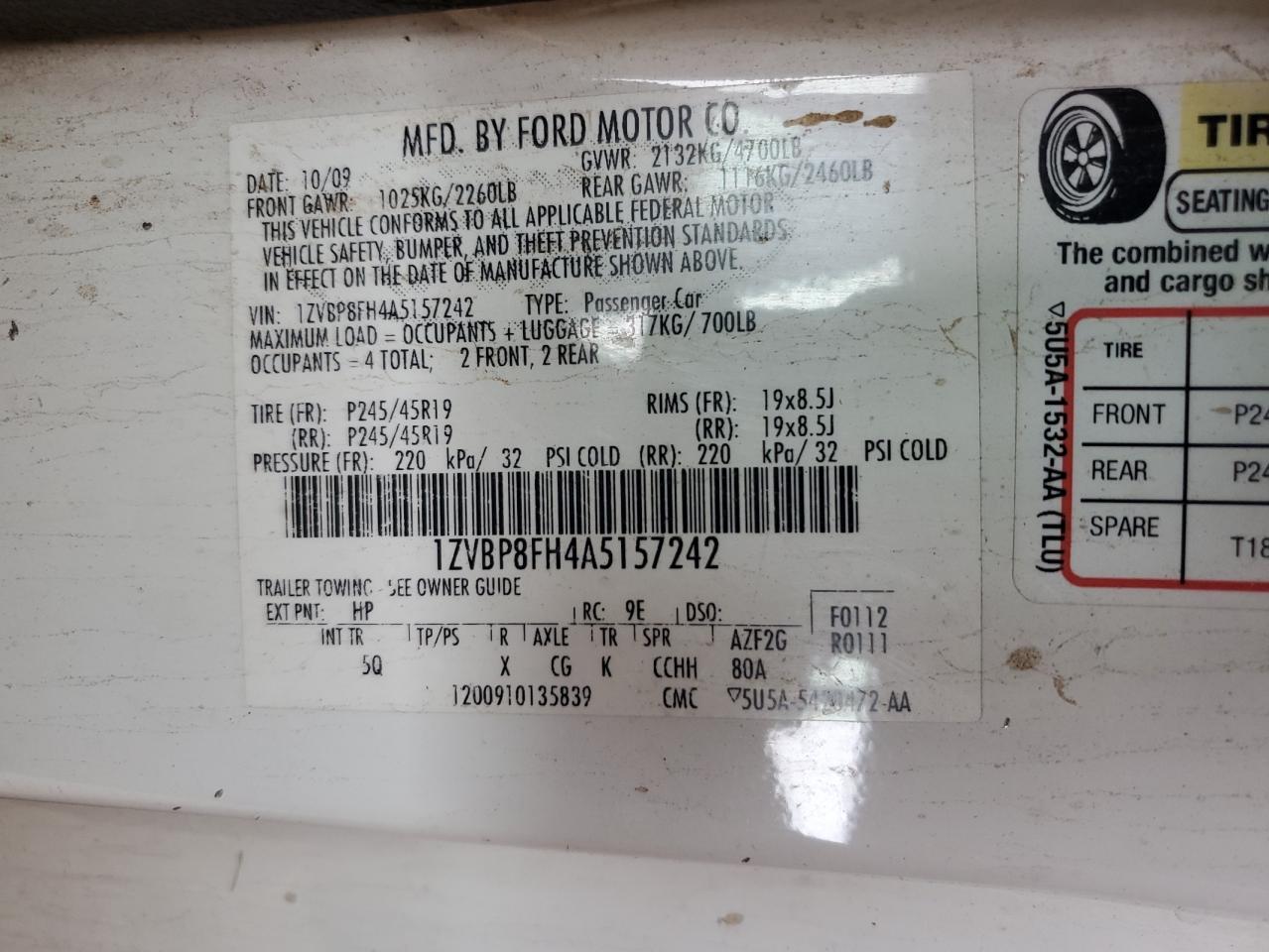 2010 Ford Mustang Gt VIN: 1ZVBP8FH4A5157242 Lot: 93850535