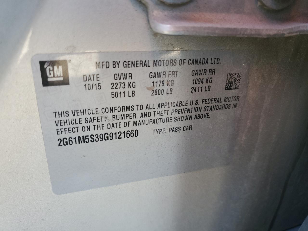 2016 Cadillac Xts Luxury Collection VIN: 2G61M5S39G9121660 Lot: 92100255