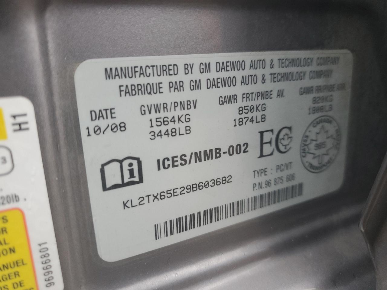 2009 Pontiac G3 Wave Se VIN: KL2TX65E29B603682 Lot: 91015485