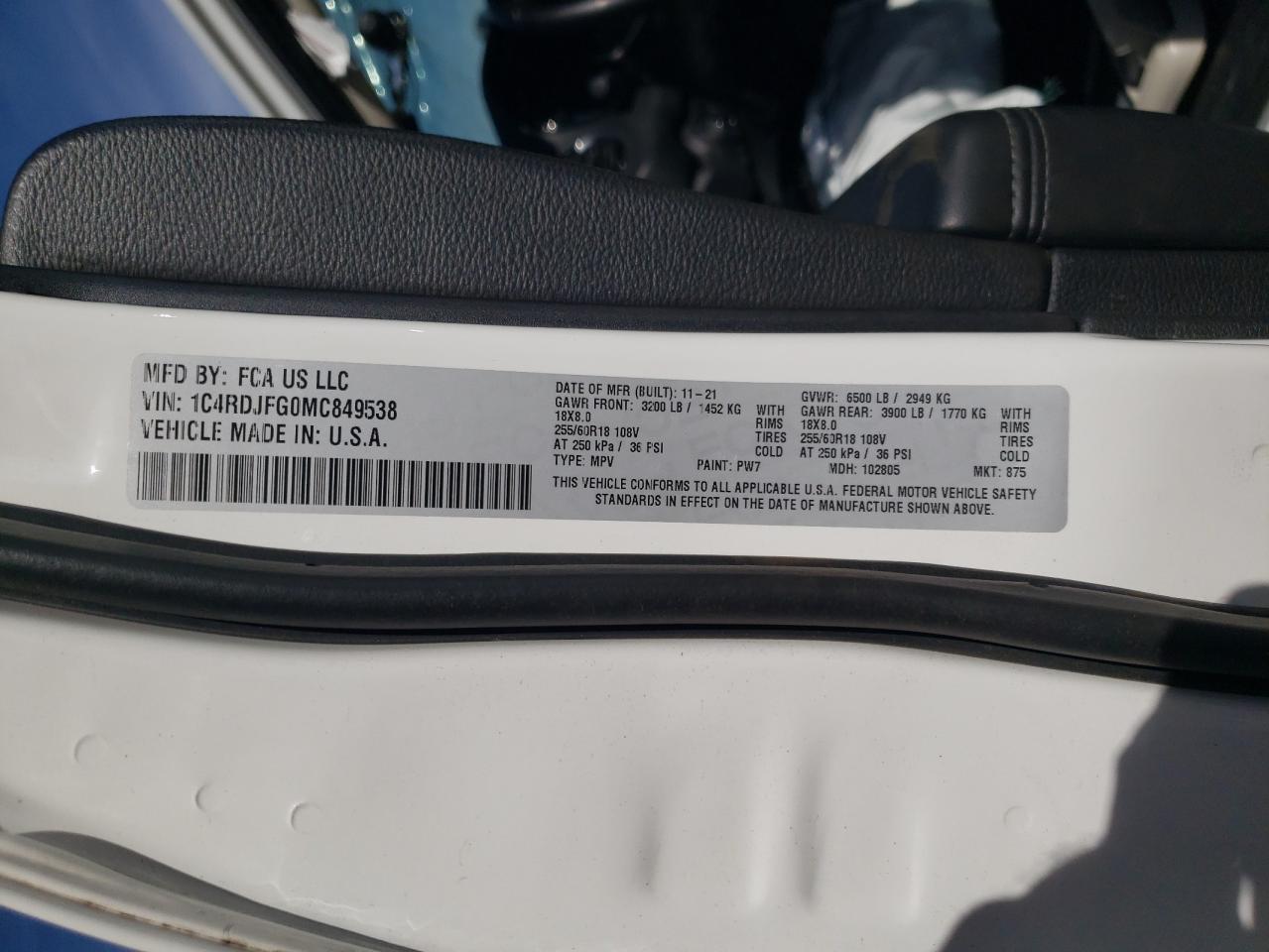 2021 Dodge Durango Pursuit VIN: 1C4RDJFG0MC849538 Lot: 87380195