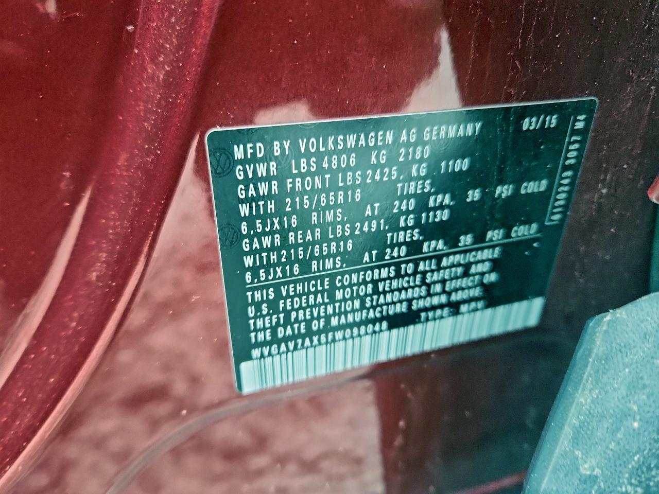 2015 Volkswagen Tiguan S VIN: WVGAV7AX5FW098048 Lot: 94545385