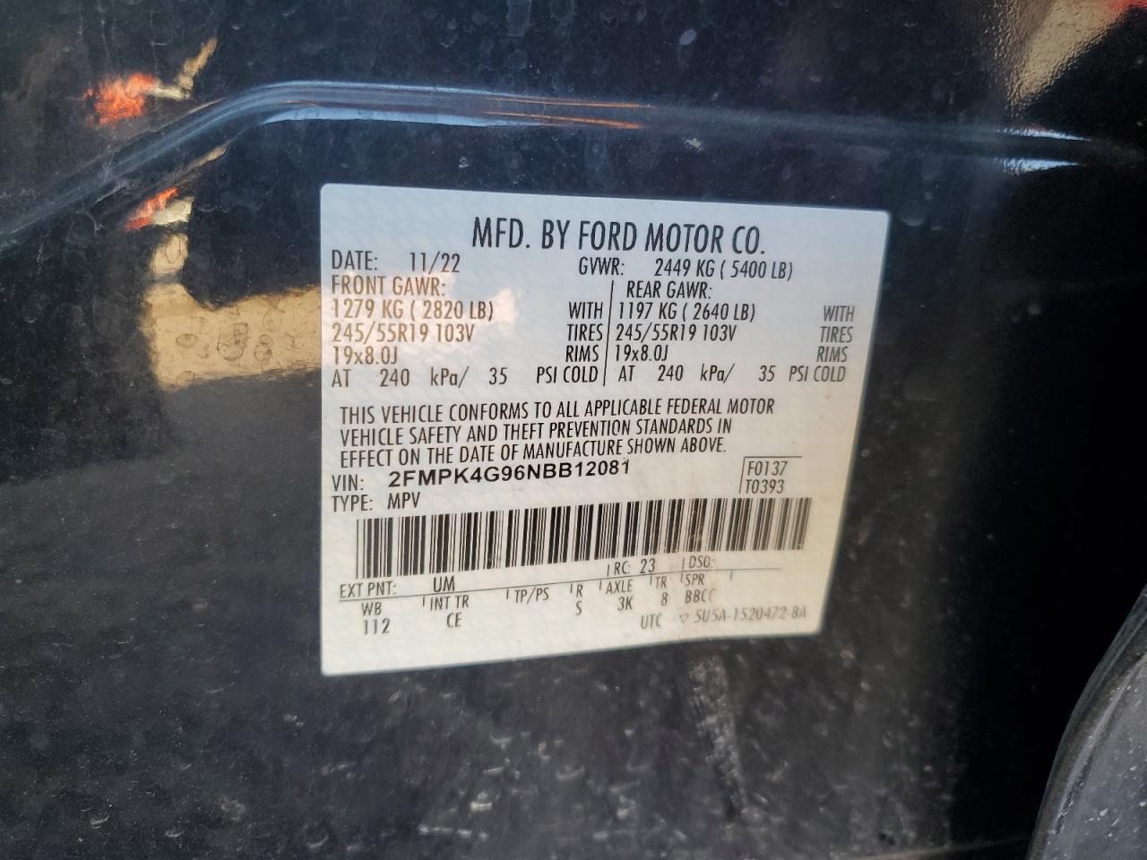 2022 Ford Edge Se VIN: 2FMPK4G96NBB12081 Lot: 91497415