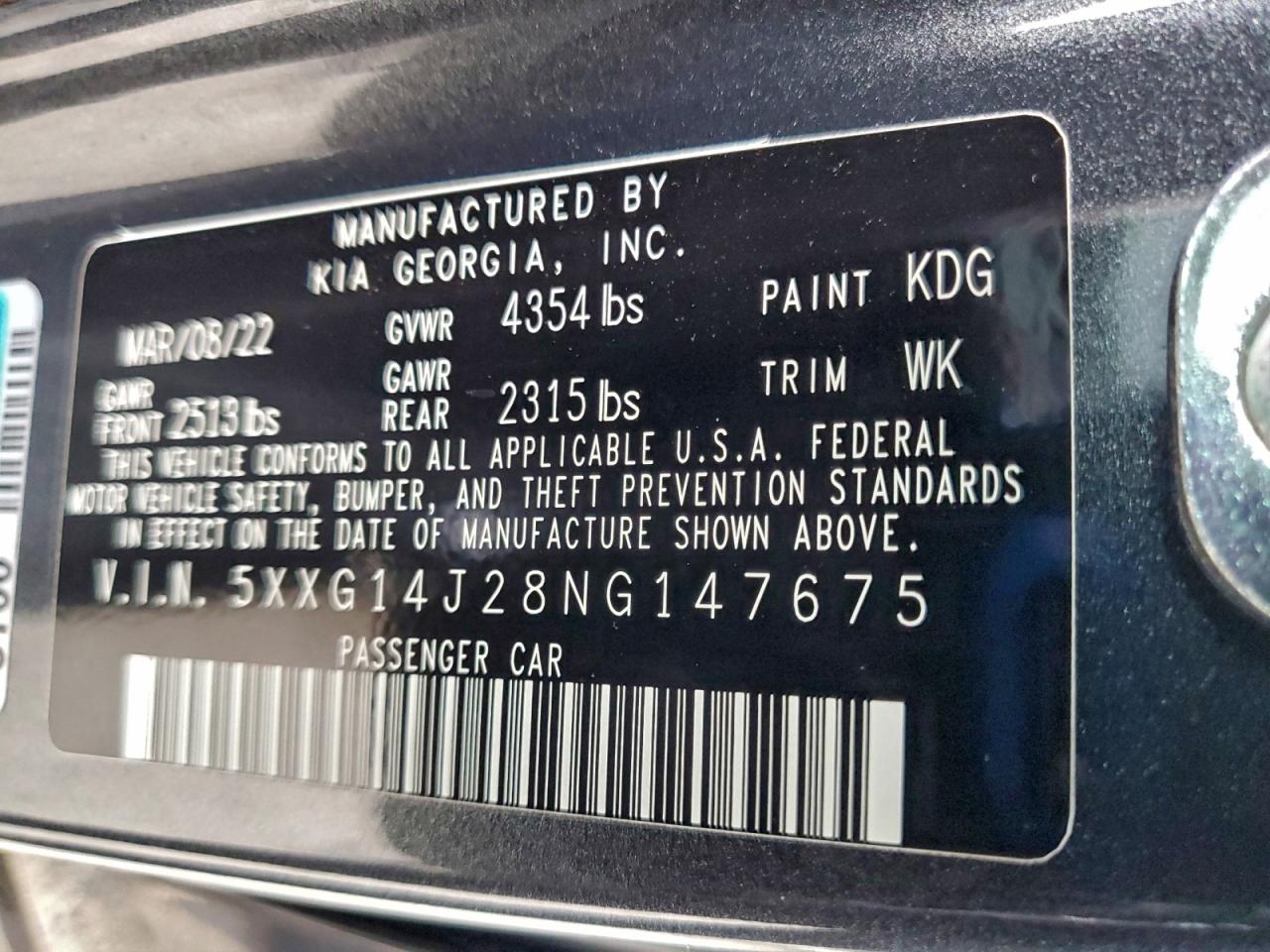 2022 Kia K5 Lxs VIN: 5XXG14J28NG147675 Lot: 93943205