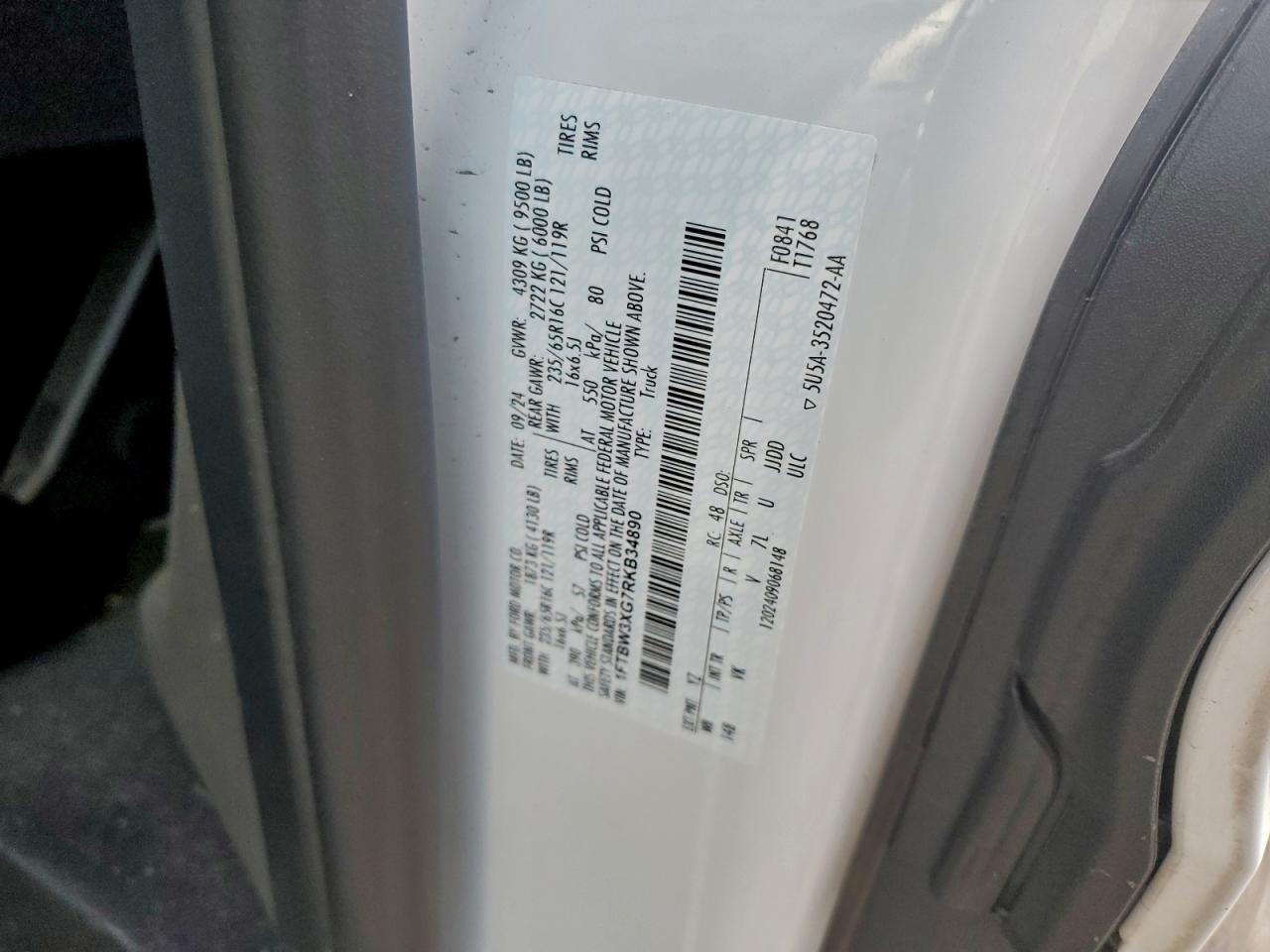 2024 Ford Transit T-350 VIN: 1FTBW3XG7RKB34890 Lot: 93907665