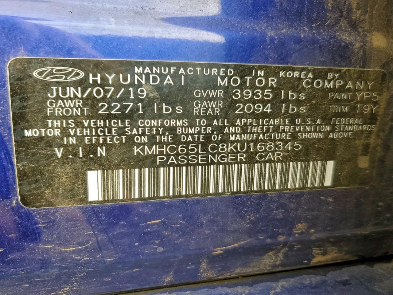 2019 Hyundai Ioniq Blue VIN: KMHC65LC8KU168345 Lot: 93761355