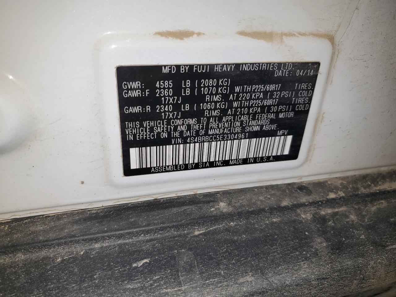 2014 Subaru Outback 2.5I Premium VIN: 4S4BRBCC5E3304961 Lot: 93557225