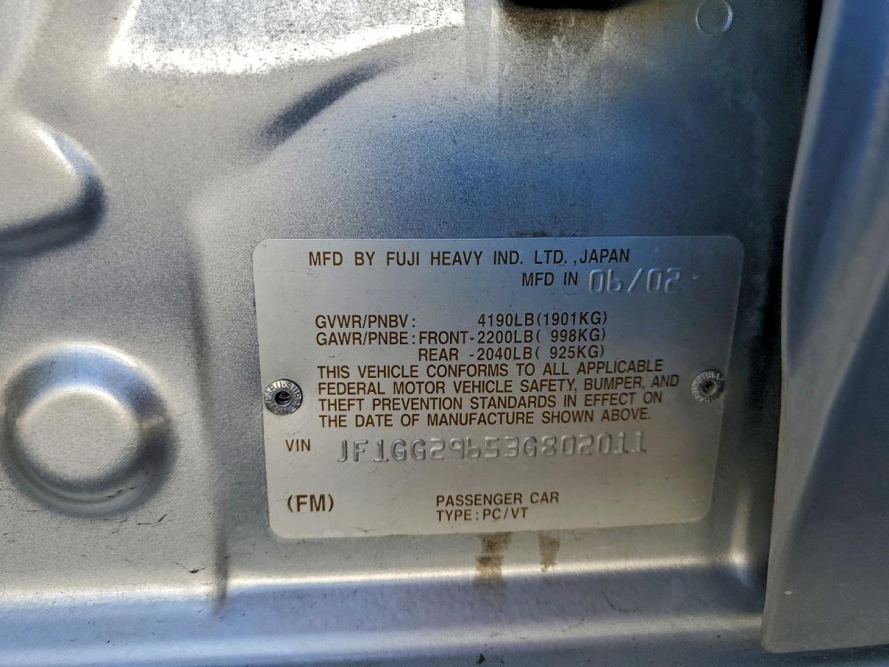 2003 Subaru Impreza Wrx VIN: JF1GG29653G802011 Lot: 93853975