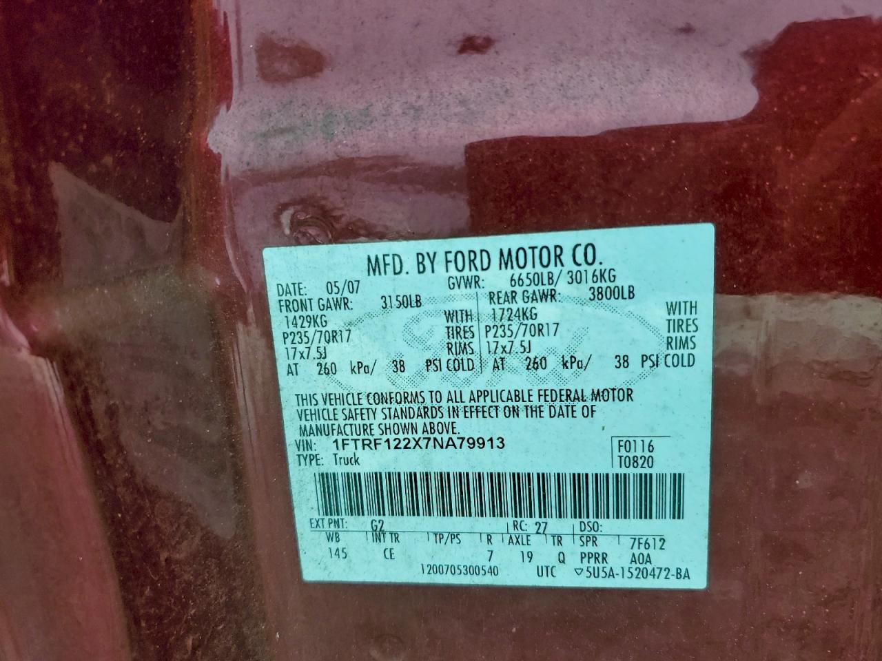 2007 Ford F150 VIN: 1FTRF122X7NA79913 Lot: 93842935