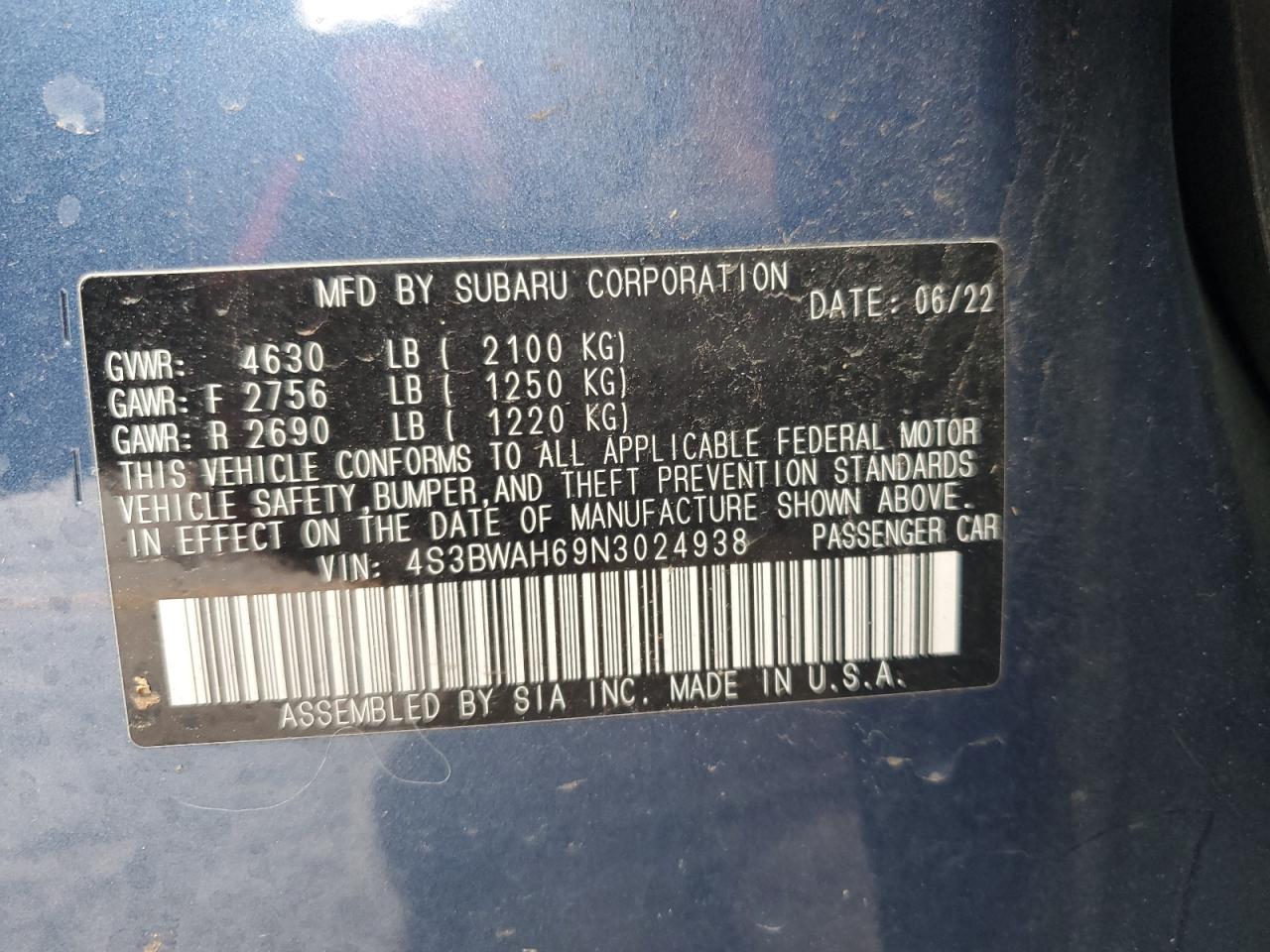 2022 Subaru Legacy Sport VIN: 4S3BWAH69N3024938 Lot: 91650965