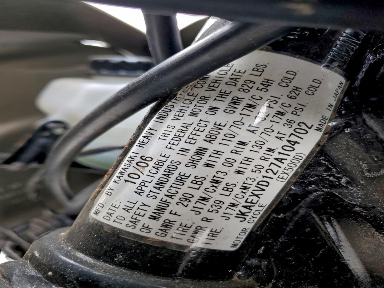 2007 Kawasaki Ex500 D VIN: JKAEXVD127A104702 Lot: 93918905