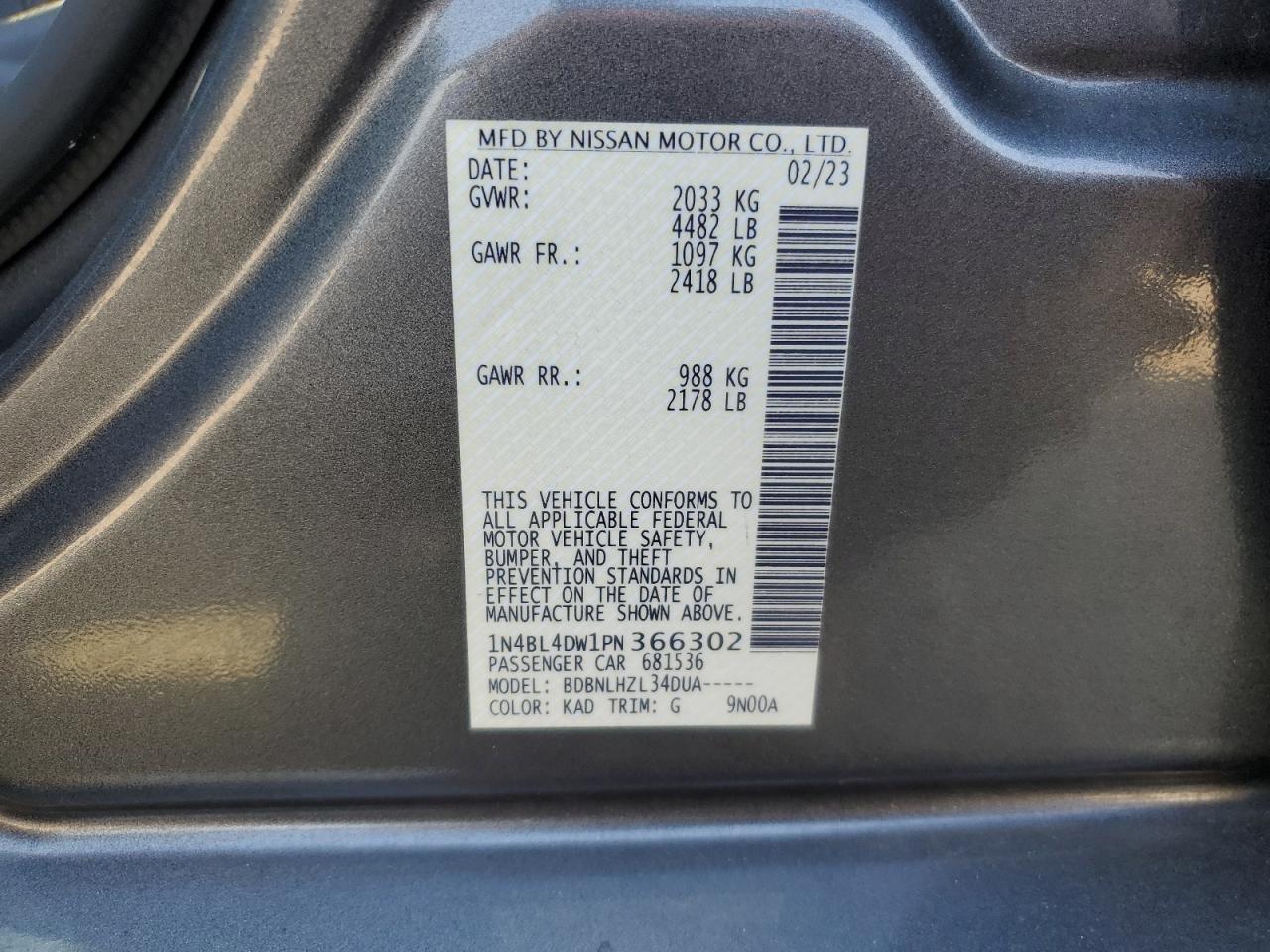 2023 Nissan Altima Sv VIN: 1N4BL4DW1PN366302 Lot: 91034405