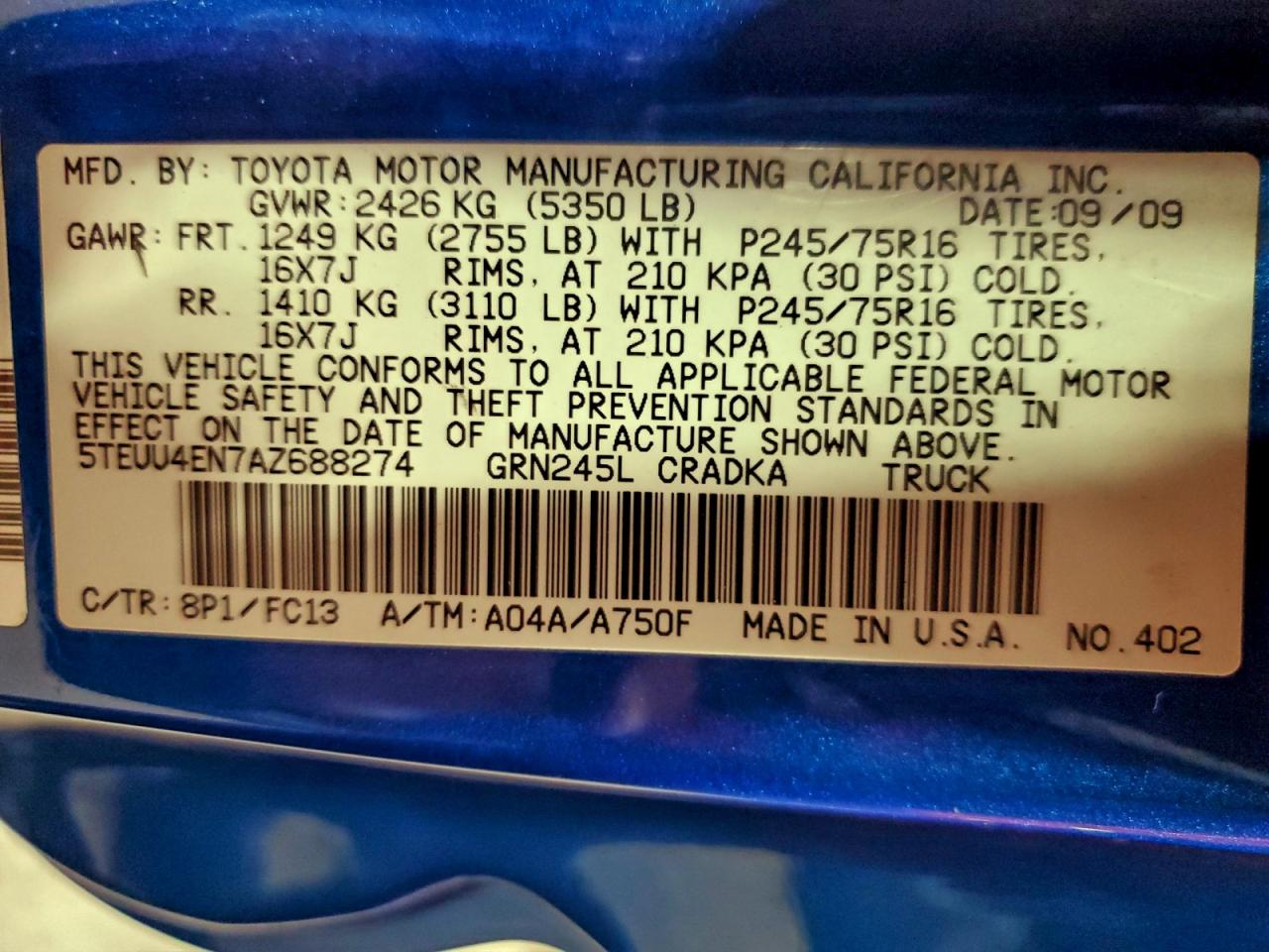 2010 Toyota Tacoma Access Cab VIN: 5TEUU4EN7AZ688274 Lot: 94949575