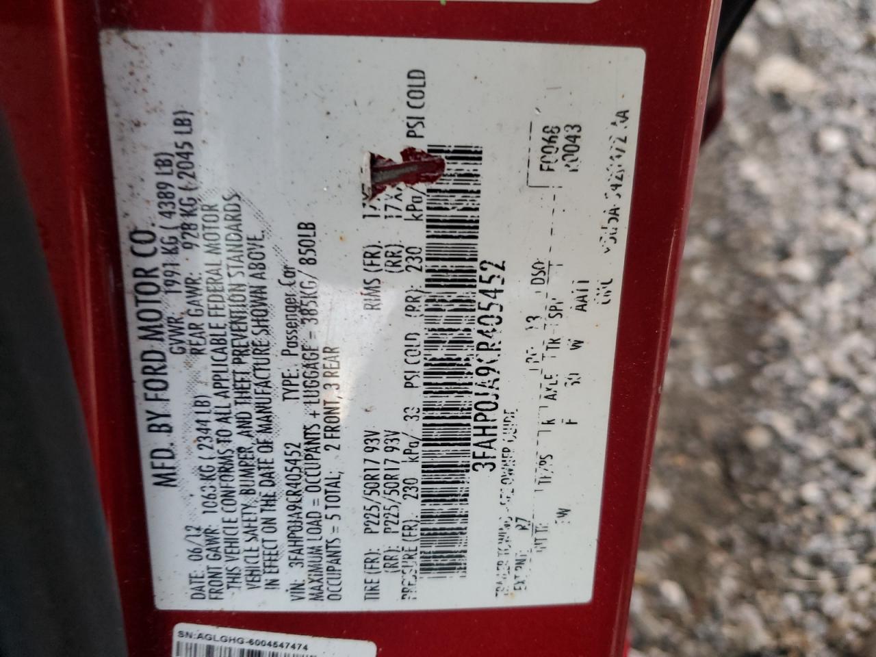 2012 Ford Fusion Sel VIN: 3FAHP0JA9CR405452 Lot: 91851835