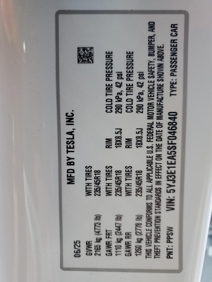 2025 Tesla Model 3 VIN: 5YJ3E1EA5SF046840 Lot: 91692725