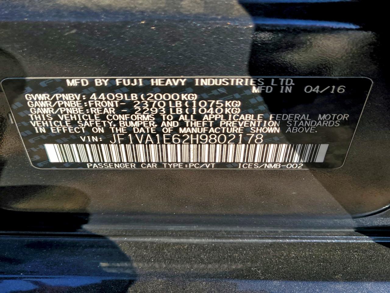 2017 Subaru Wrx Premium VIN: JF1VA1E62H9802178 Lot: 93710515