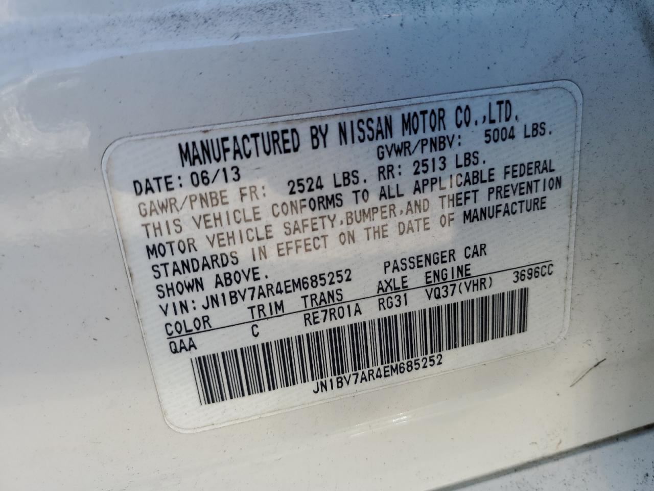 2014 Infiniti Q50 Base VIN: JN1BV7AR4EM685252 Lot: 92980405